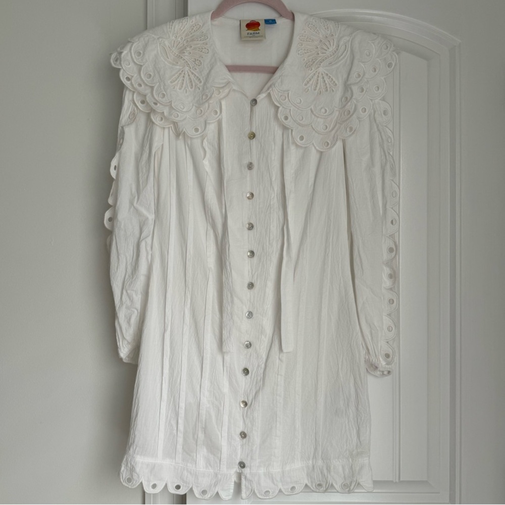 Farm Rio Long Sleeve Embellished Collared Mini Dress